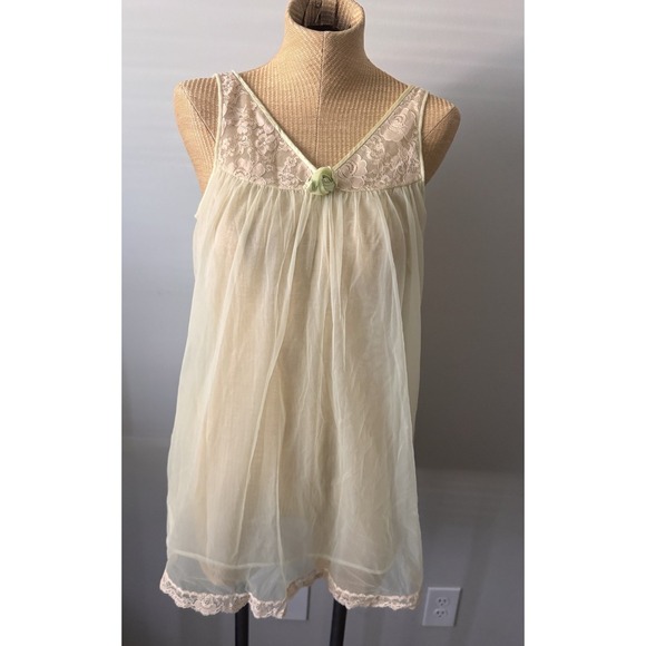 Vintage Sears Nylon Sheer Yellow Green Lingerie Babydoll Small 32 EUC Rosette - Picture 3 of 6